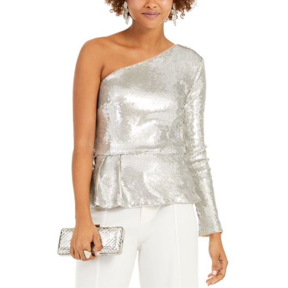 🔥INC One Shoulder Peplum Sequin Silver Blouse